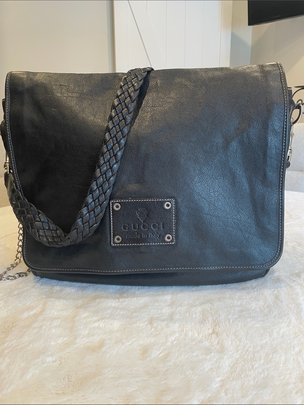 Gucci Black Leather Braided-Strap Messenger Bag